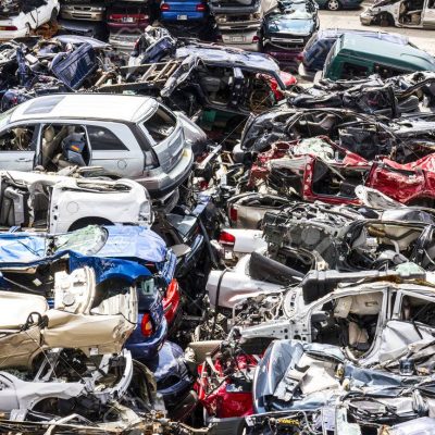 Indianapolis - Circa August 2016 - A Pile of Stacked Junk Cars - Crushed and Discarded Junk Cars Piled Up VI